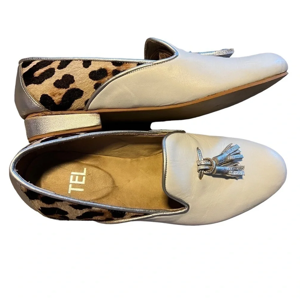 Telma White Leather Loafers Animal Print Silver Heel